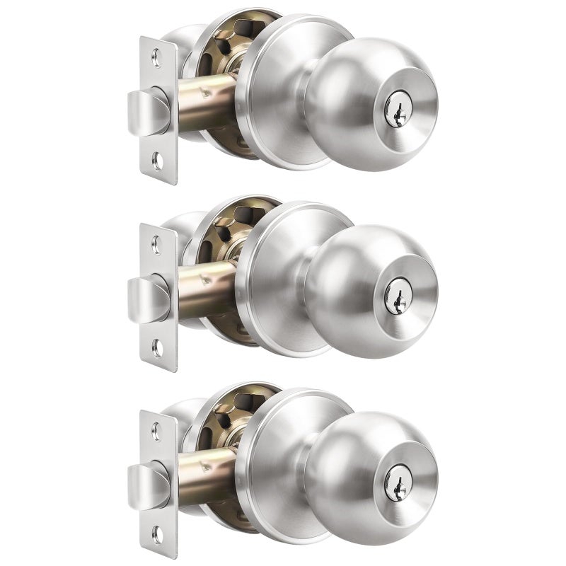 Probricoï¼ˆ3 Pack Entry Door Knob Keyed Alike,Satin Nickel Finish Door Lock Handle,Entry Door Lock/Ball Door knobs with Lock and Same Key,Entrance Knob[Lock with 3 Combo Keys] for Office or Front Door - Image 1